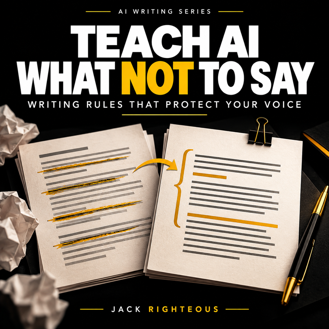 Teach AI What Not to Say cover showing a marked-up writing draft becoming a cleaner version using editorial rules, in black, white and gold.
