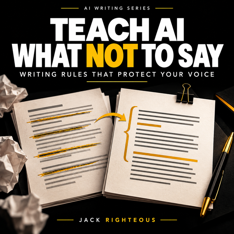 Teach AI What Not to Say cover showing a marked-up writing draft becoming a cleaner version using editorial rules, in black, white and gold.