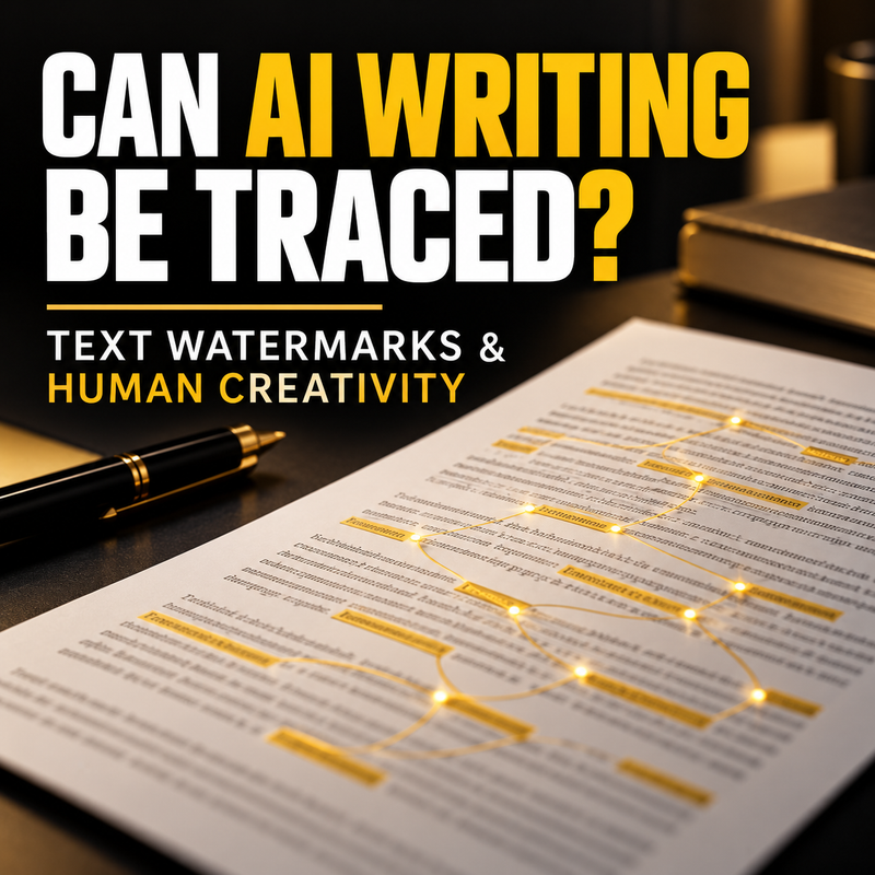 Can AI Writing Be Traced? Text watermarks and human creativity, illustrated by a marked document in black and gold