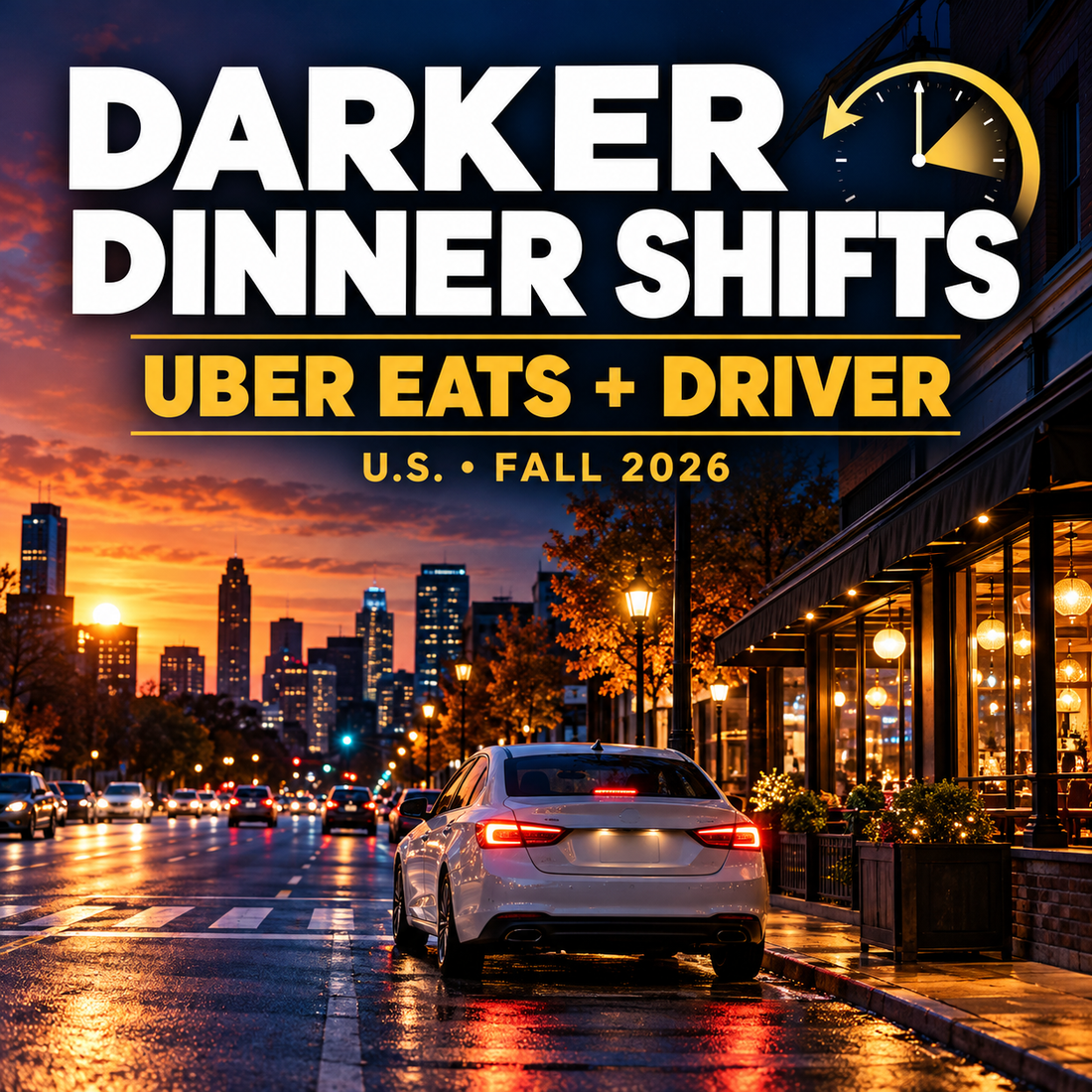 Dark dinner shifts after daylight saving time: a city street shifting from sunset to evening with a car and warmly lit restaurant.