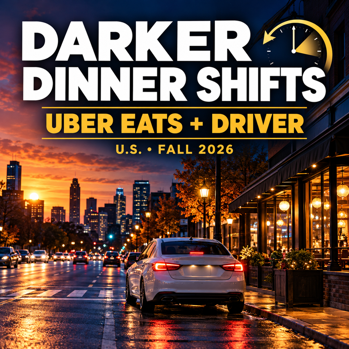 Dark dinner shifts after daylight saving time: a city street shifting from sunset to evening with a car and warmly lit restaurant.