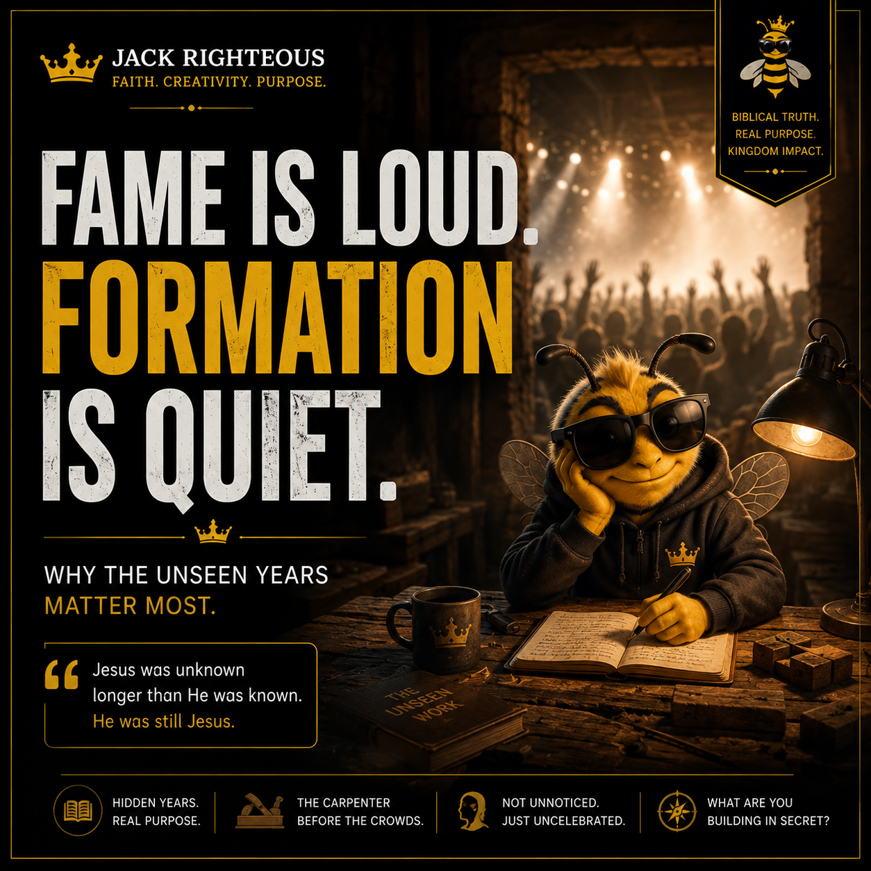 Bee Righteous writing quietly as a crowd gathers in the distance, illustrating Jesus' hidden years and the idea that fame is loud while formation is quiet.