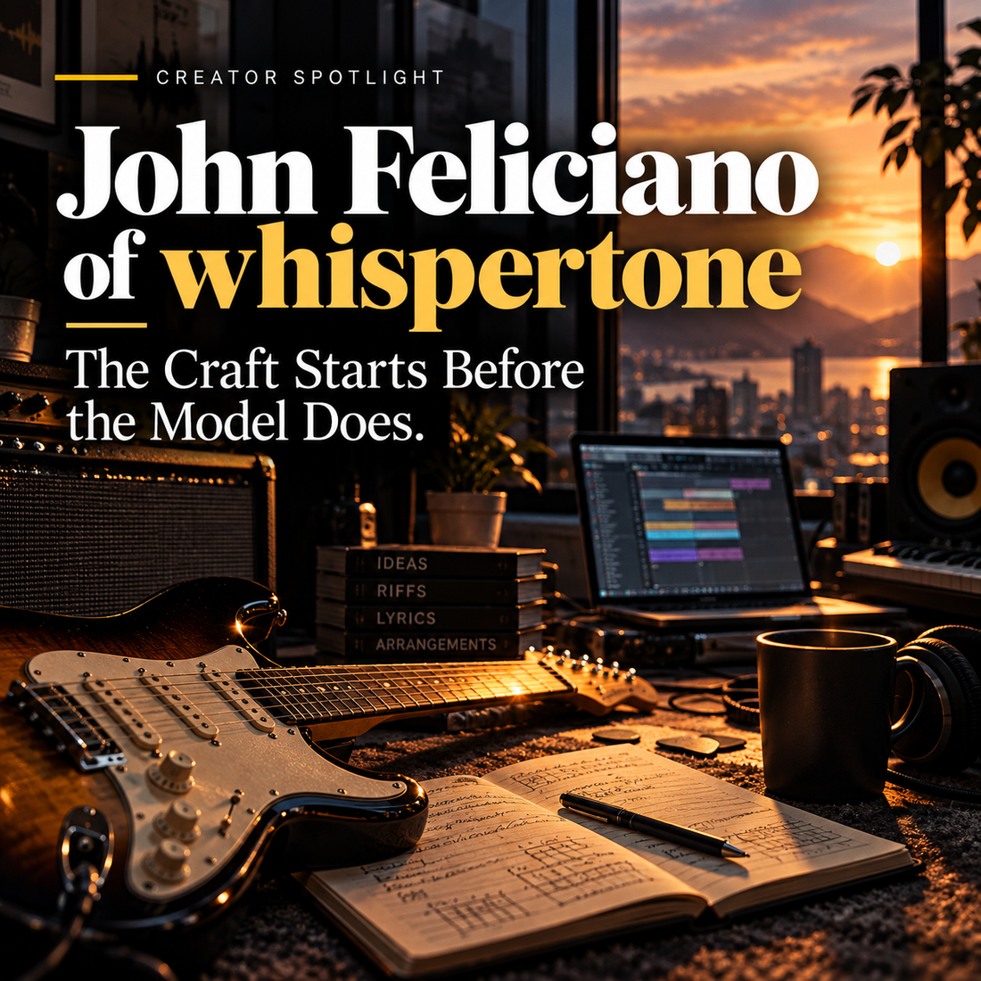 Creator Spotlight cover for John Feliciano of whispertone, featuring a guitar, notebook and recording studio with no human figure.