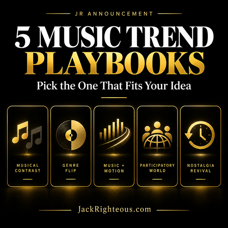 Jack Righteous announcement cover for 5 Music Trend Playbooks: Musical Contrast, Genre Flip, Music + Motion, Participatory World, and Nostalgia Revival