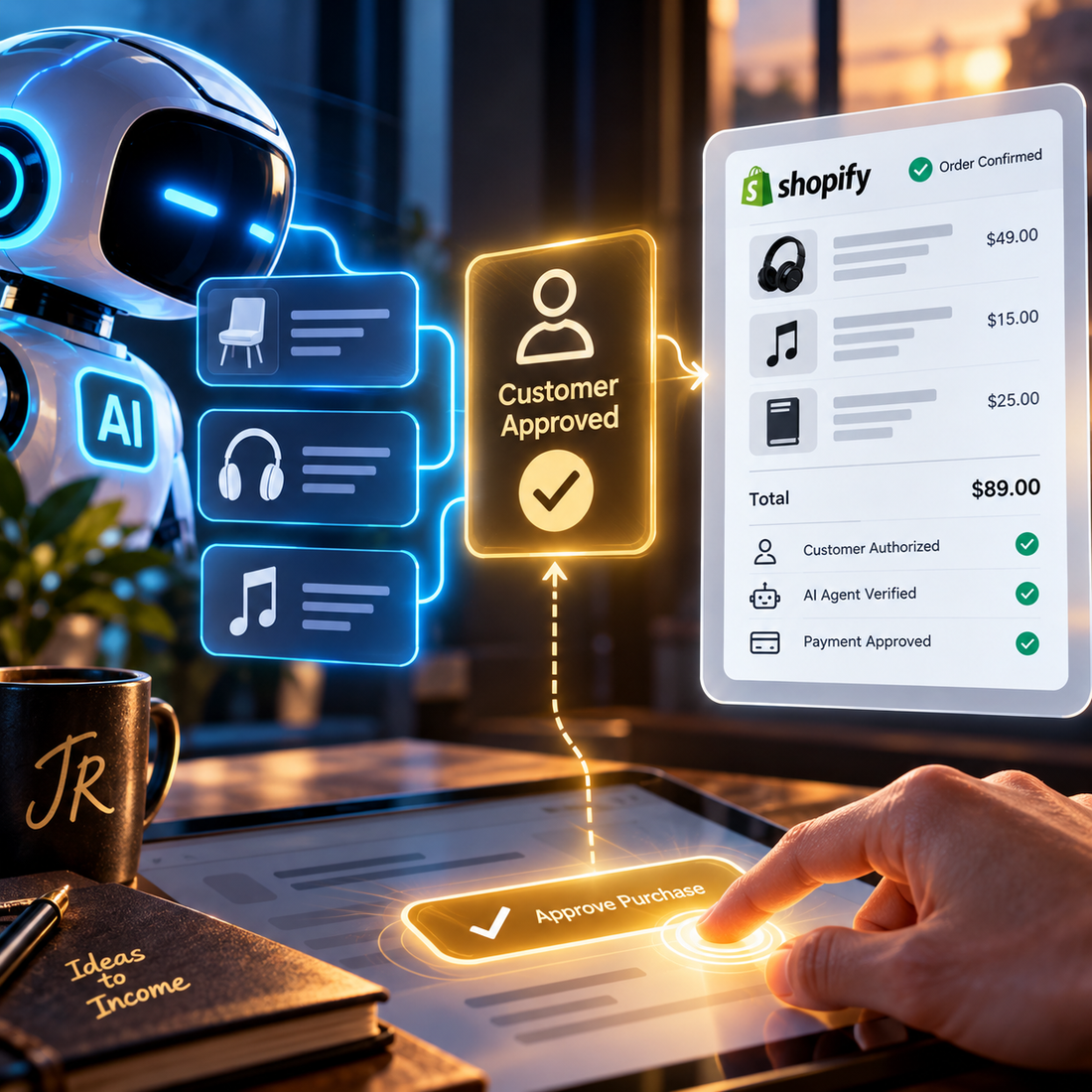 Cinematic illustration of a human approving an AI-assisted purchase before the order reaches a merchant checkout.