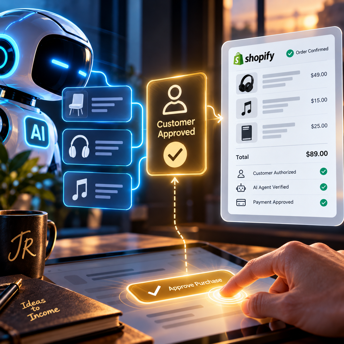 Cinematic illustration of a human approving an AI-assisted purchase before the order reaches a merchant checkout.