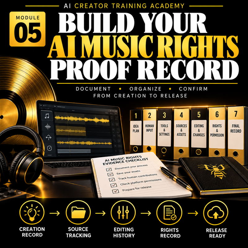 AI Creator Academy Milestone 5: build an AI music rights proof record documenting creative sources, human contributions, permissions and release decisions.