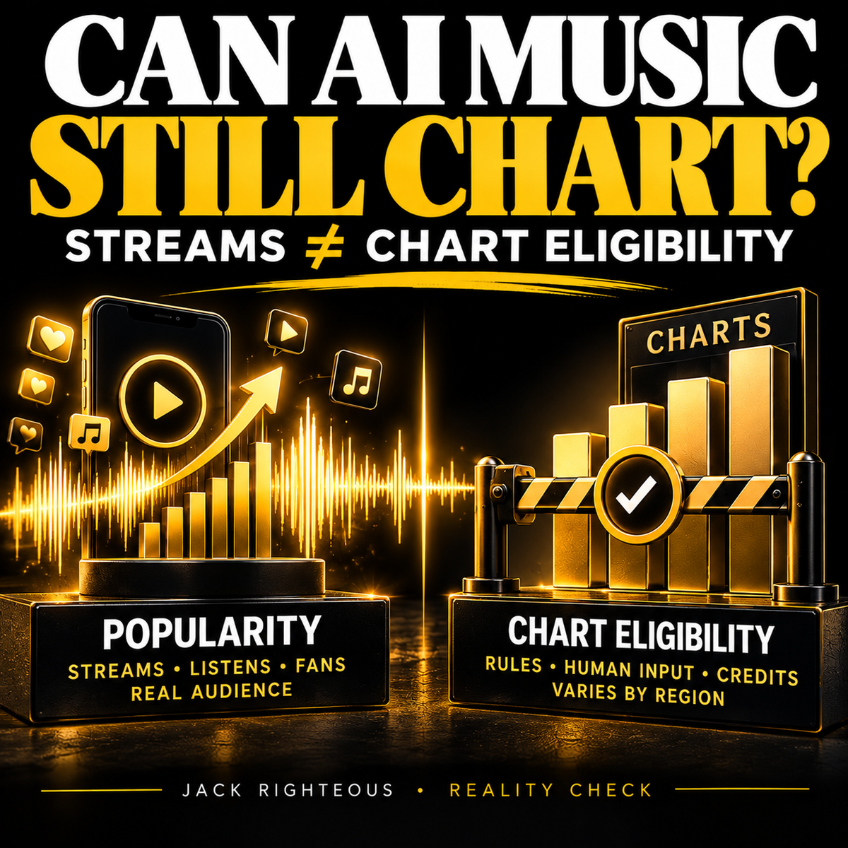 Can AI music still chart in 2026? Jack Righteous cover contrasting streaming popularity with official chart eligibility rules.
