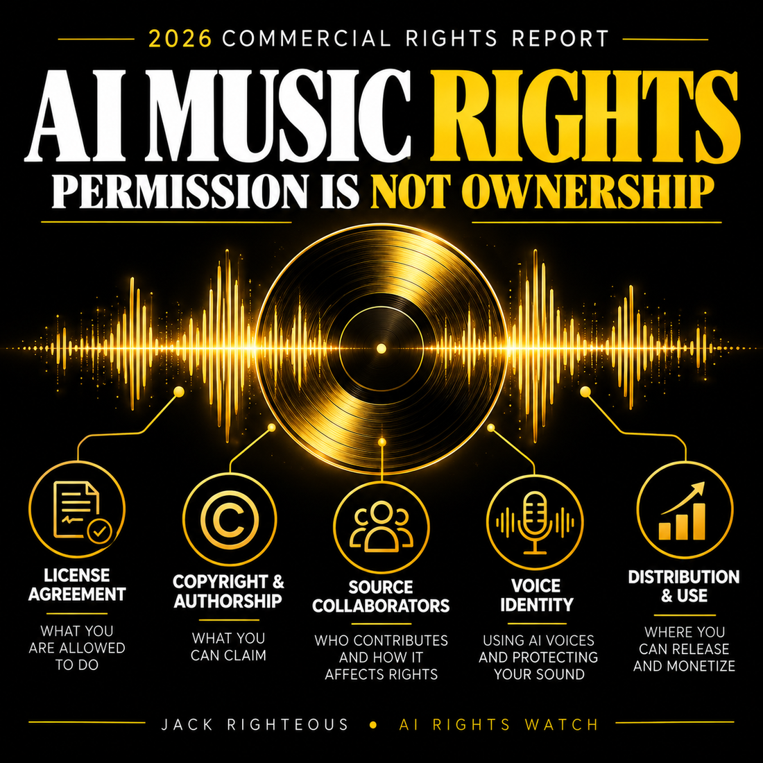 AI Music Rights Watch 2026 cover — permission is not ownership. Five checks: platform license, copyright, source collaborators, voices and distribution.