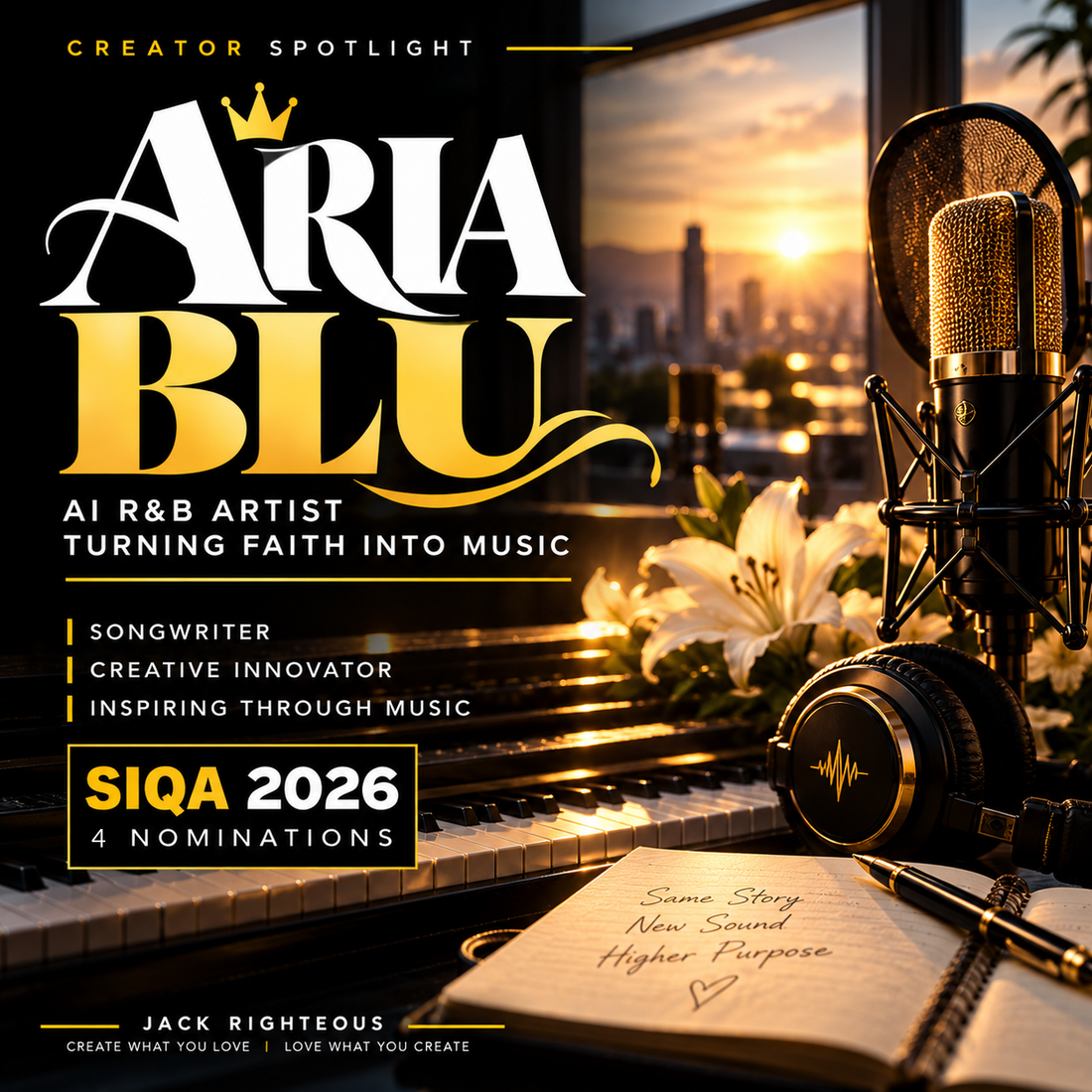 Aria Blu cinematic gospel and R&B studio cover, microphone, piano and flowers, four SIQA AI Music Awards nominations; no portrait