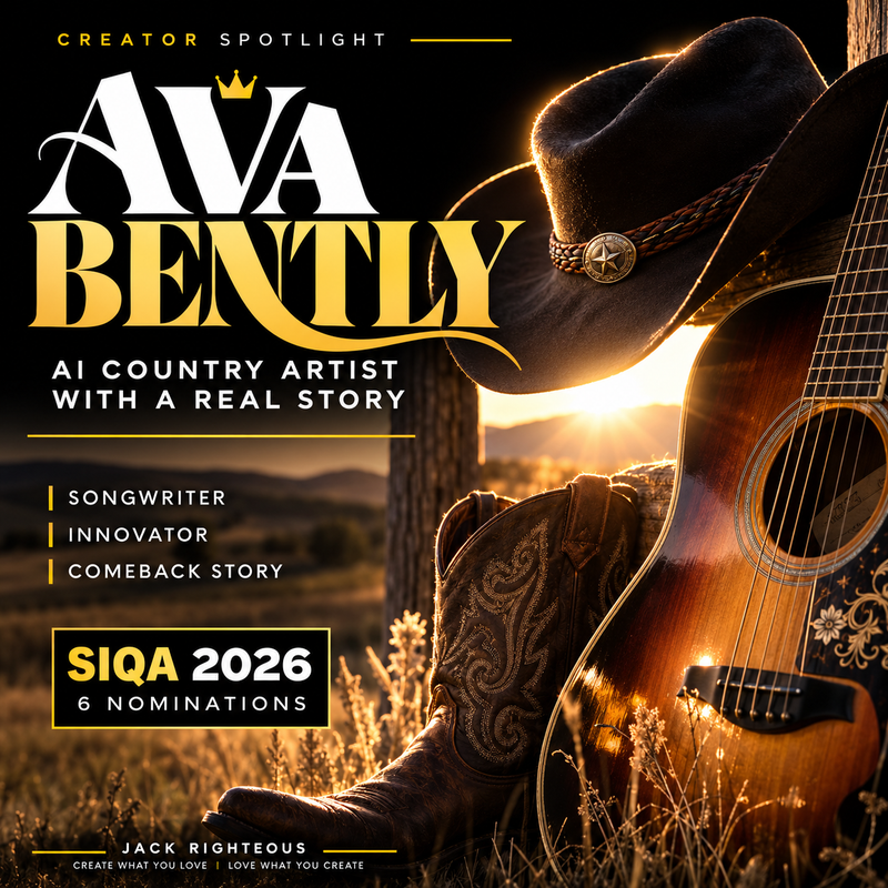 Ava Bently Creator Spotlight — sunset country guitar, cowboy hat, boots; six SIQA AI Music Awards nominations; no artist or creator portrait