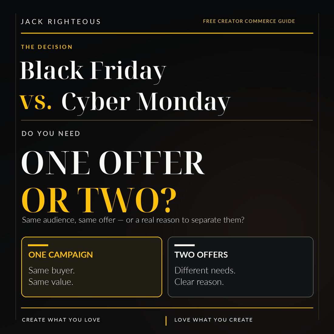 Black Friday vs Cyber Monday for Creators: One Offer or Two? Evergreen JR editorial cover comparing one campaign against two offers.