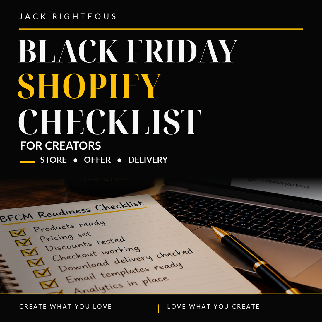 Black Friday Shopify Checklist for Creators: Store, Offer and Delivery — a clean JR editorial cover with a checklist and desk scene.