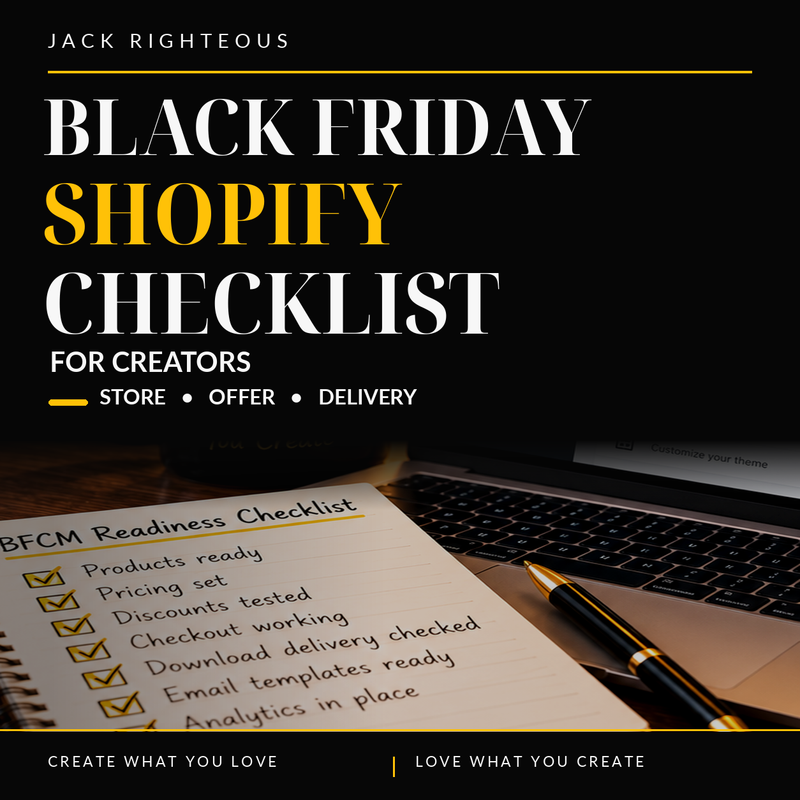 Black Friday Shopify Checklist for Creators: Store, Offer and Delivery — a clean JR editorial cover with a checklist and desk scene.