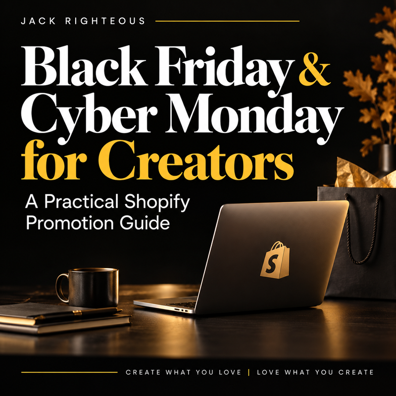 Black Friday & Cyber Monday for Creators: practical Shopify promotion guide with black and gold typography and a creator's desk.