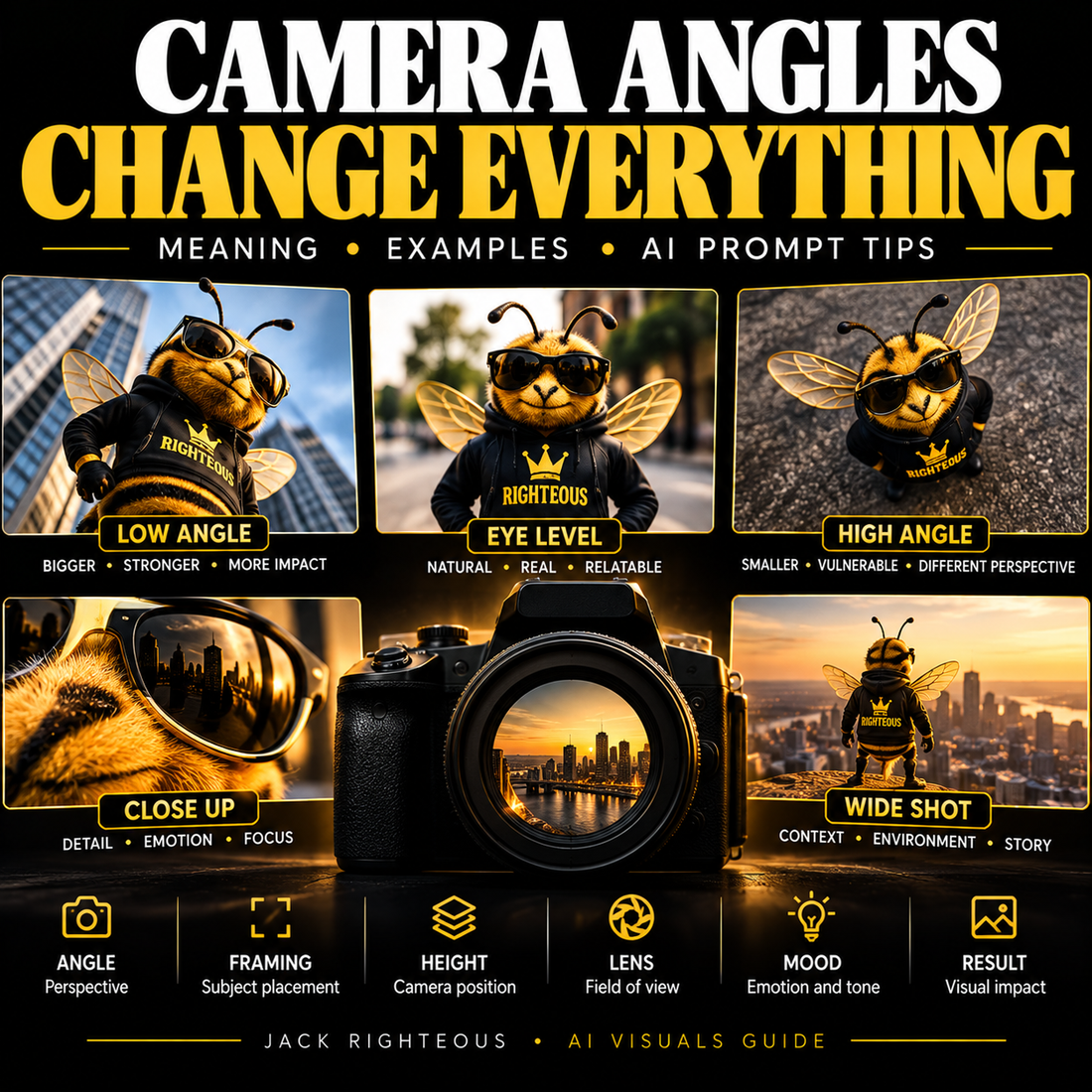 Camera angles change everything: low-angle, eye-level and high-angle views in the Jack Righteous AI visuals guide, with camera and framing comparisons.