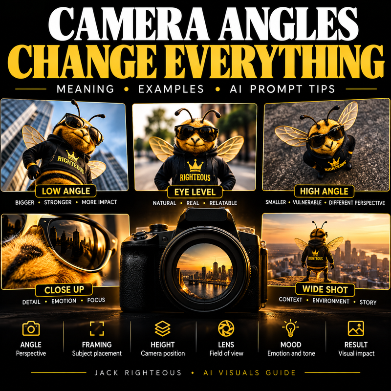 Camera angles change everything: low-angle, eye-level and high-angle views in the Jack Righteous AI visuals guide, with camera and framing comparisons.