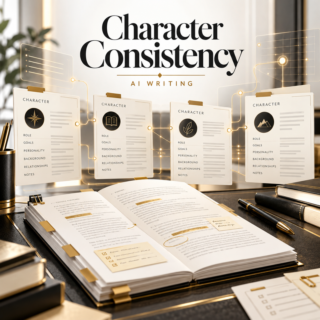 Open manuscript with connected character profile records illustrating AI-assisted character consistency