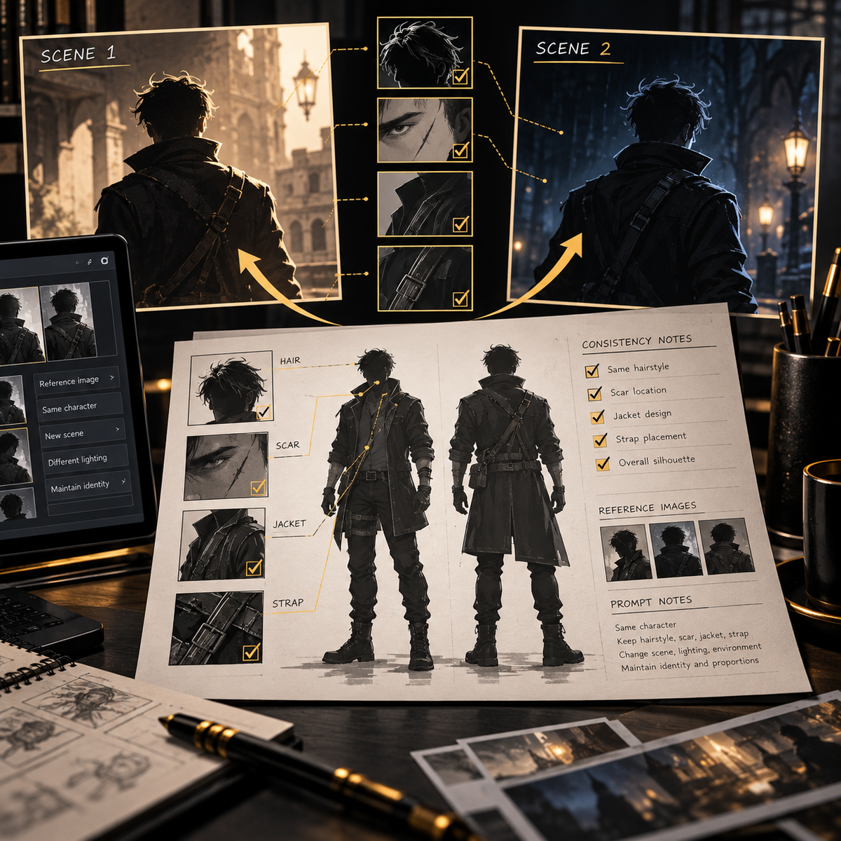 Scene One and Scene Two storyboards showing consistent fictional character details, with a reference sheet and visual continuity checklist