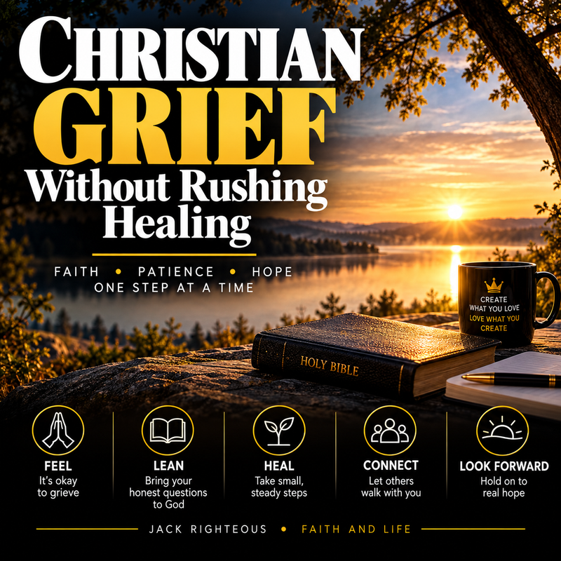 Christian grief without rushing healing: a quiet Bible and journal by a peaceful lakeside sunrise, with faith and sorrow held together.