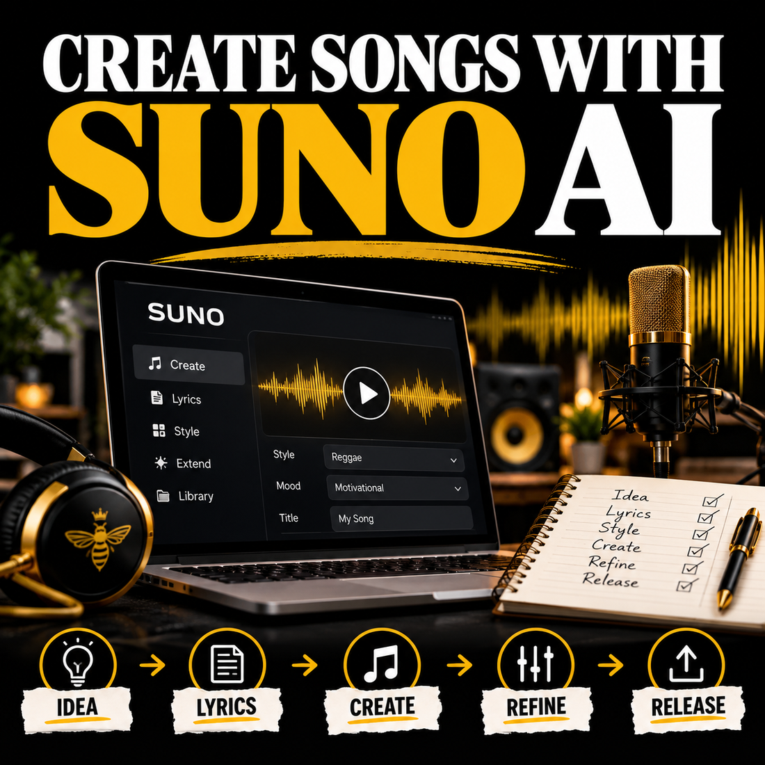 Creating a song with Suno AI: music workspace, idea notebook, and steps for generating and refining an original track.