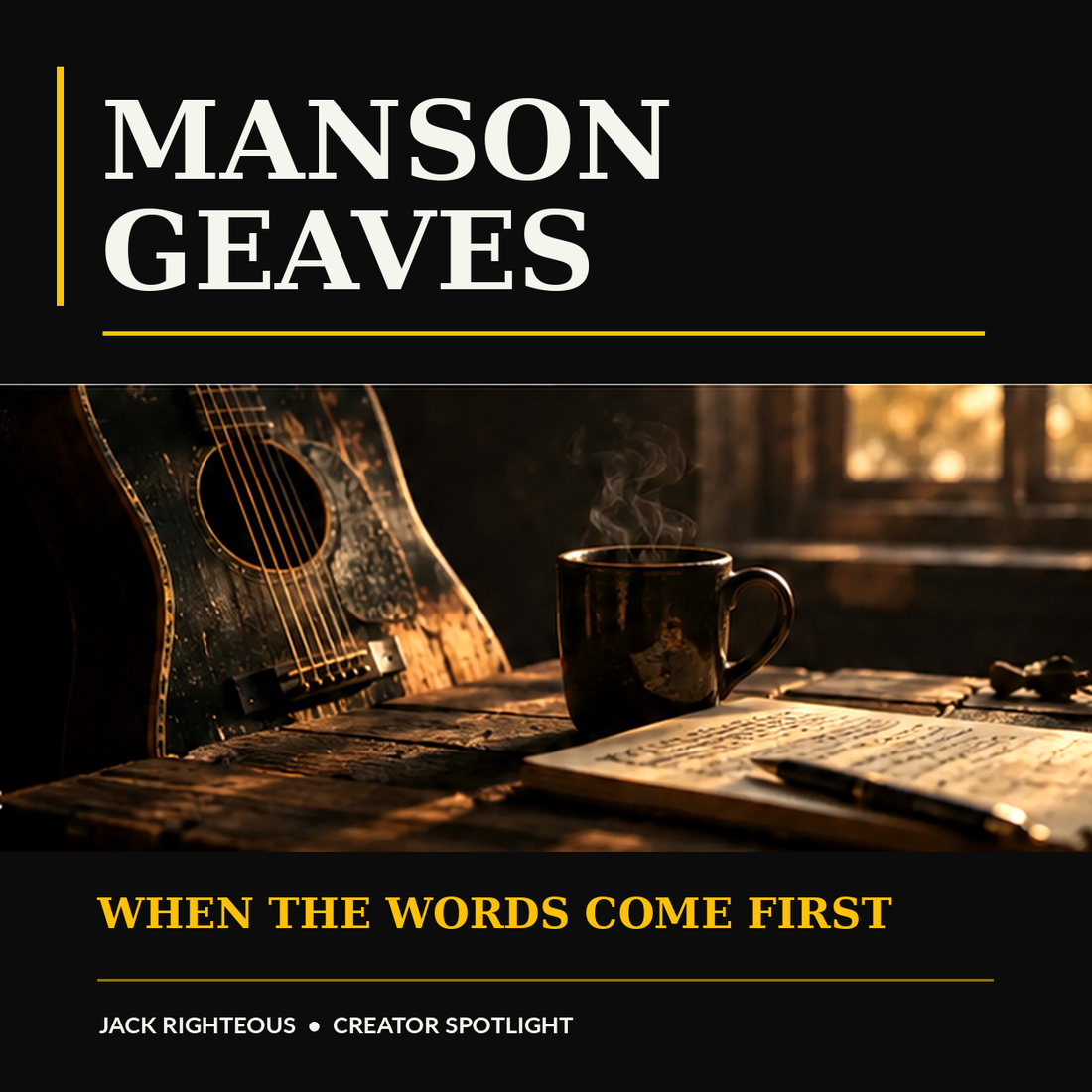 Jack Righteous editorial cover for Manson Geaves — When the Words Come First, with a guitar, steaming coffee mug and open songwriter's notebook