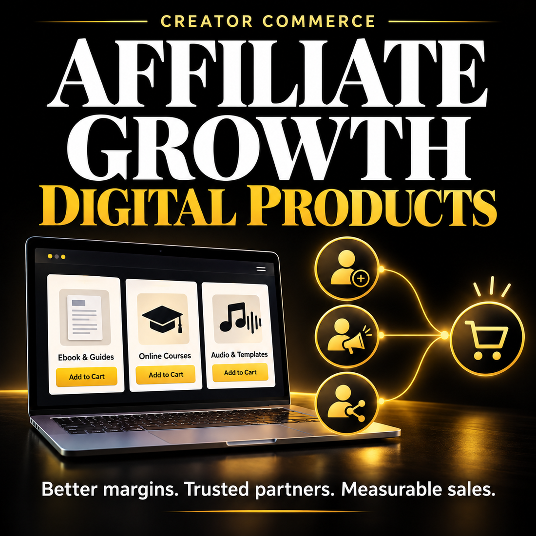 Affiliate growth for digital products: ebook, course and music offers in a storefront with referral partners, black and gold