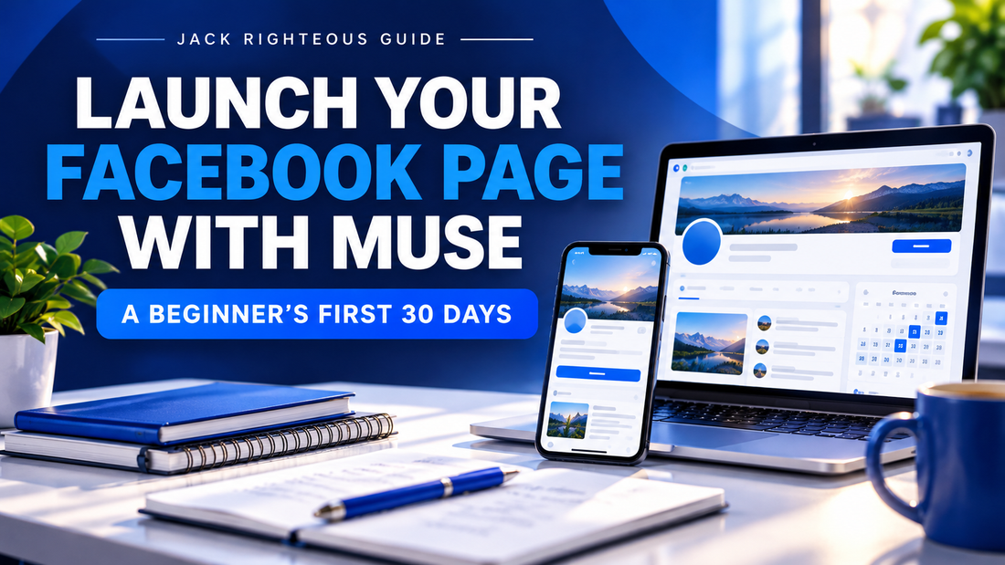 Blue and white Jack Righteous cover: Launch Your Facebook Page With Muse — A Beginner’s First 30 Days; laptop and smartphone with a social Page
