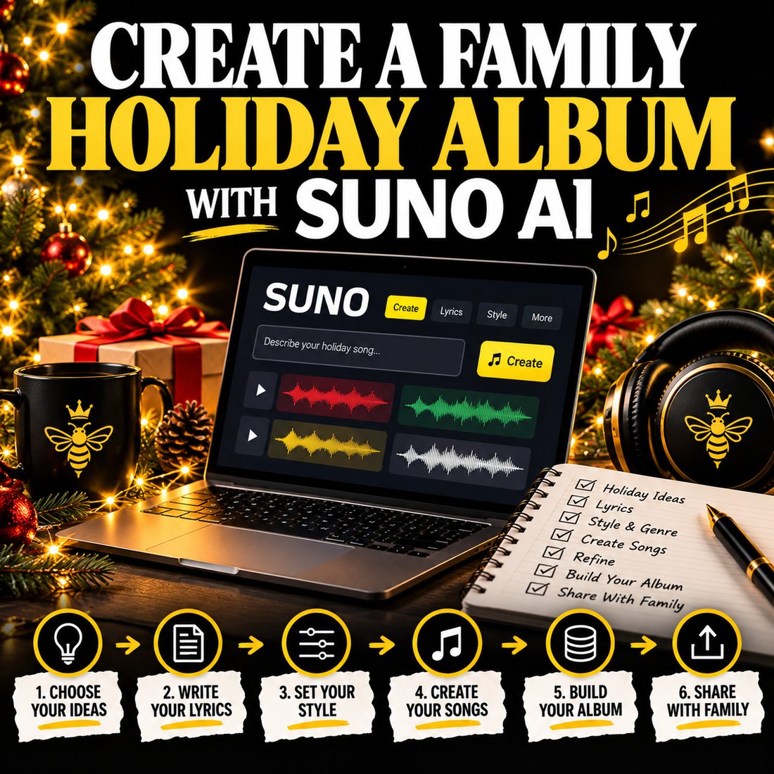 Create a family holiday album with AI music: festive home studio scene, song-planning notebook, and a workflow for turning family memories into songs.