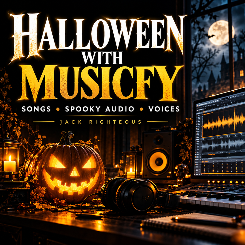 Halloween with Musicfy square guide cover, white and gold title, glowing jack-o-lantern, recording headphones and audio workstation