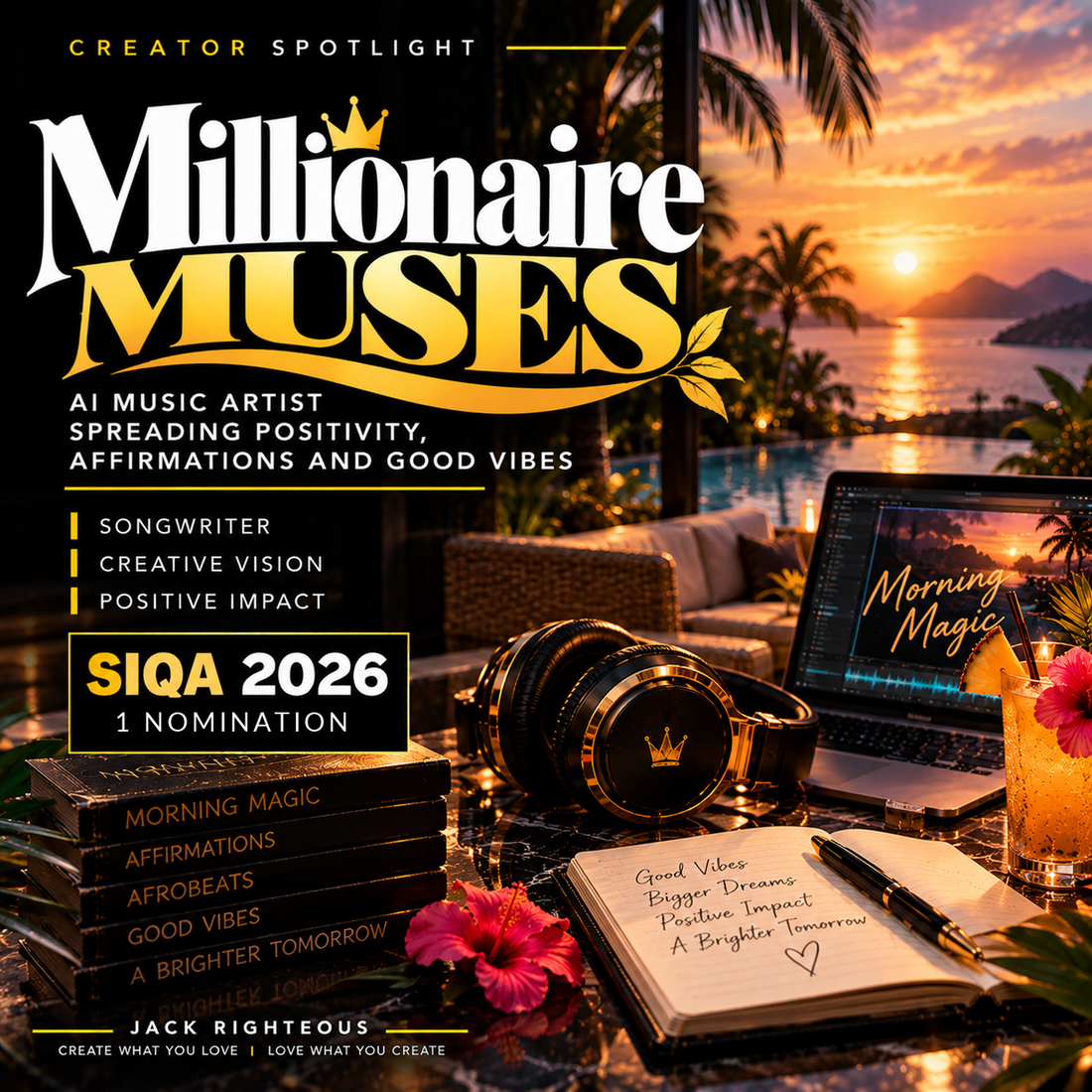 Millionaire Muses Creator Spotlight: cinematic tropical sunrise, Morning Magic affirmation music artwork; one SIQA AI Music Awards 2026 nomination; no human portrait