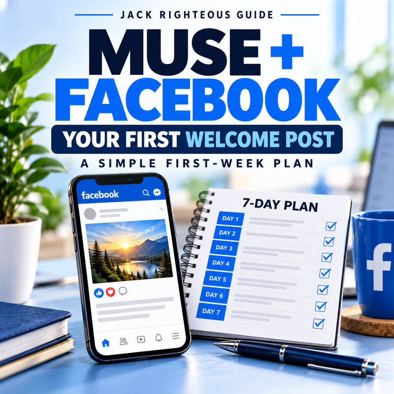 Blue and white Jack Righteous cover: Muse + Facebook, Your First Welcome Post, with phone and seven-day checklist