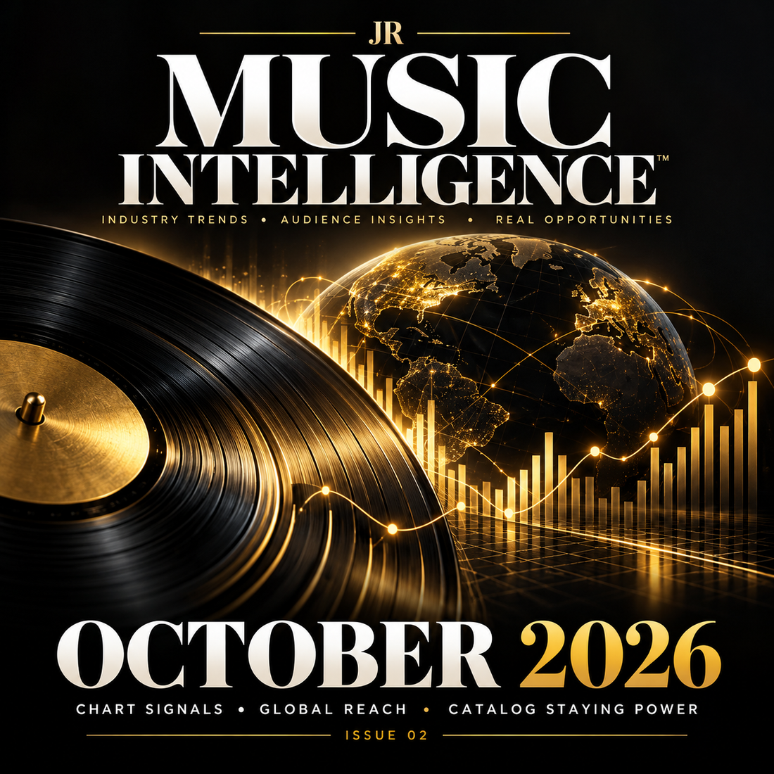 JR Music Intelligence October 2026 Issue 02 cover featuring a vinyl record, gold world map and music chart signals