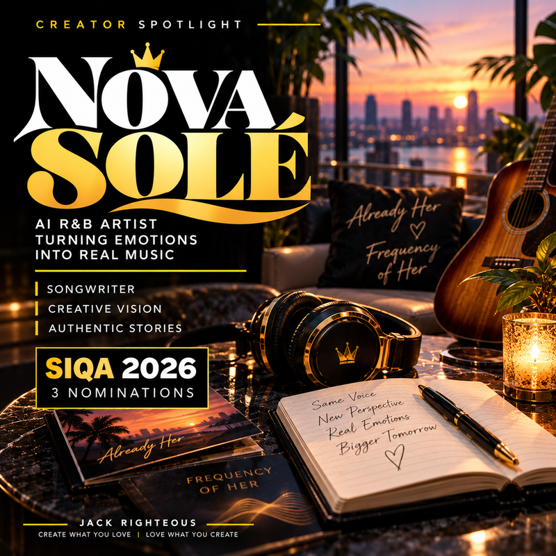 Nova Solé — Already Her and Frequency of Her R&B cinematic sunset listening room, headphones and songwriting journal; three SIQA AI Music Awards nominations; no human portrait