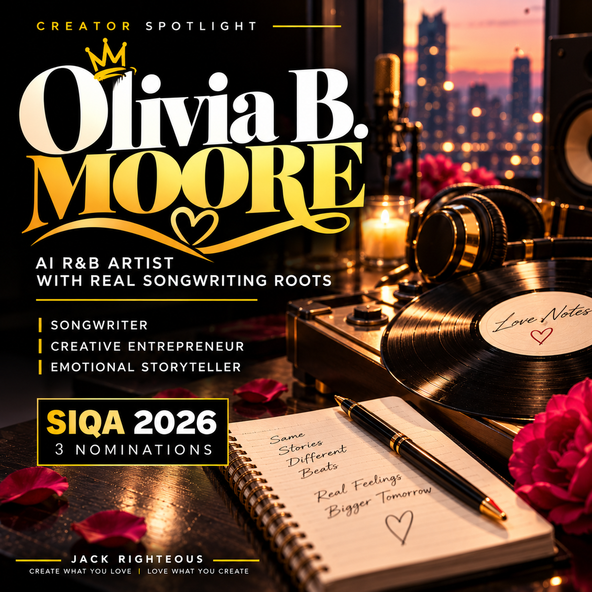 Olivia B. Moore Love Notes Creator Spotlight — handwritten lyrics, rose and vinyl record, three 2026 SIQA award nominations, no artist portrait