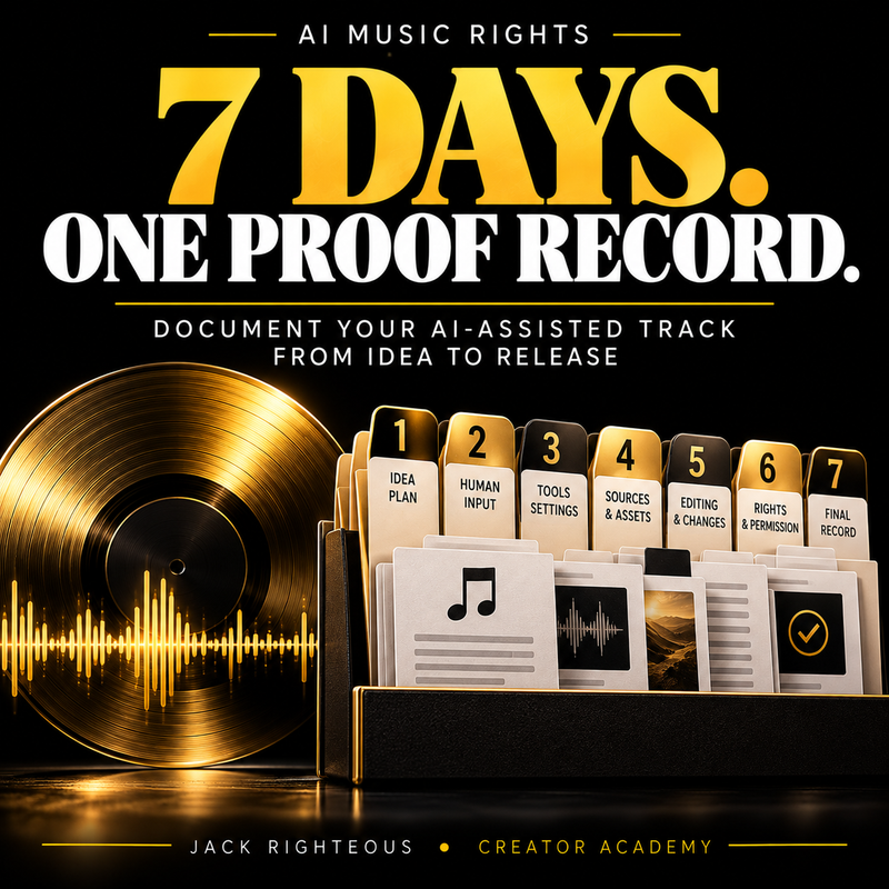 7 Days, One Proof Record: a black-and-gold guide to assembling seven parts of an AI music creation and rights evidence folder.