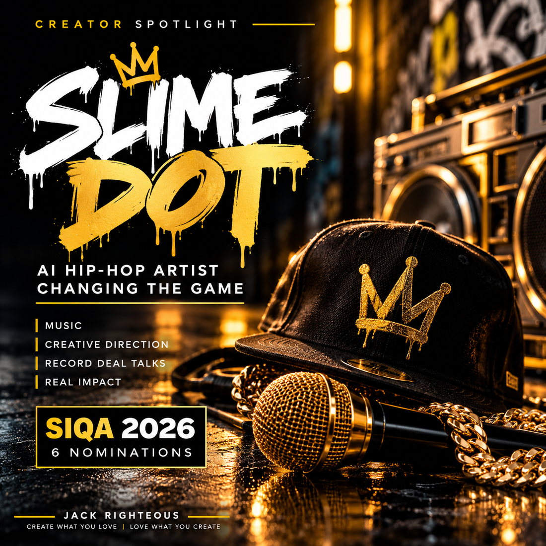 Slime Dot Creator Spotlight — cinematic hip-hop scene with cap, mic, chain, boombox and six SIQA 2026 nominations; no artist portrait