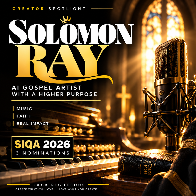 Solomon Ray Creator Spotlight — cinematic gospel-soul organ, microphone, warm church lighting and Bible; three SIQA 2026 nominations; no human portrait
