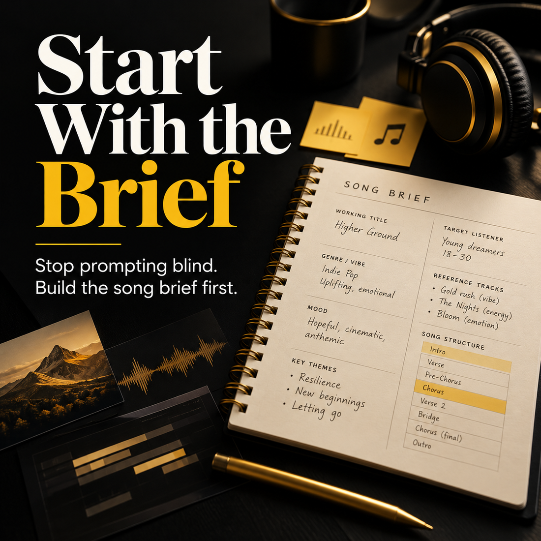 Start With the Brief — song planning notebook in black and gold