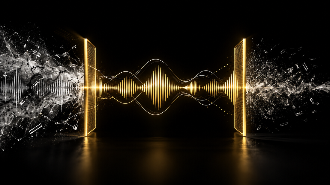 Abstract gold audio waveform passing through filters on a black background, representing Suno exclusion prompting and creative constraint control