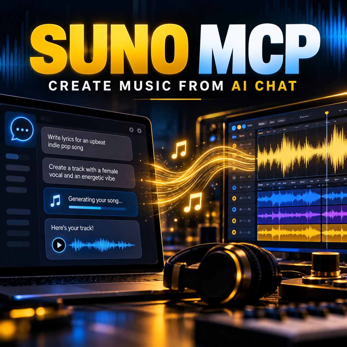 Suno MCP cover showing AI chat connected to a music generation studio