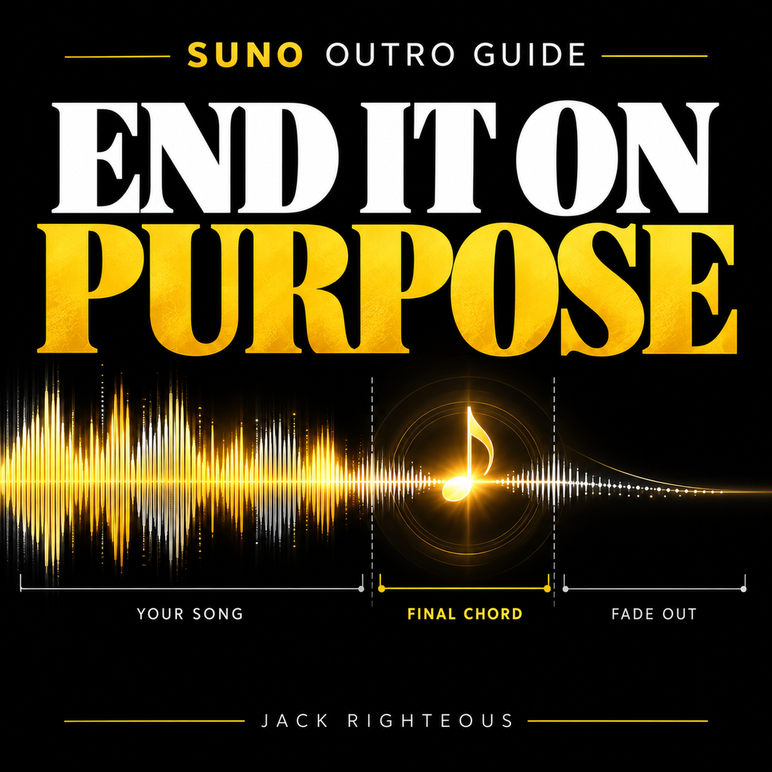 Suno Outro Guide: End It on Purpose. A gold waveform transitions from the song to a final chord and fade out.