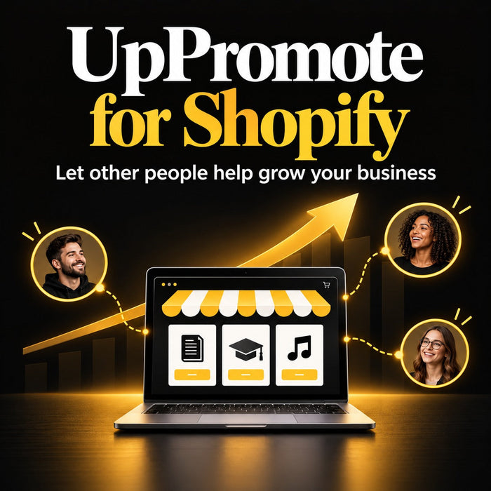 UpPromote for Shopify app profile: storefront connected to referral partners; gold business growth illustration