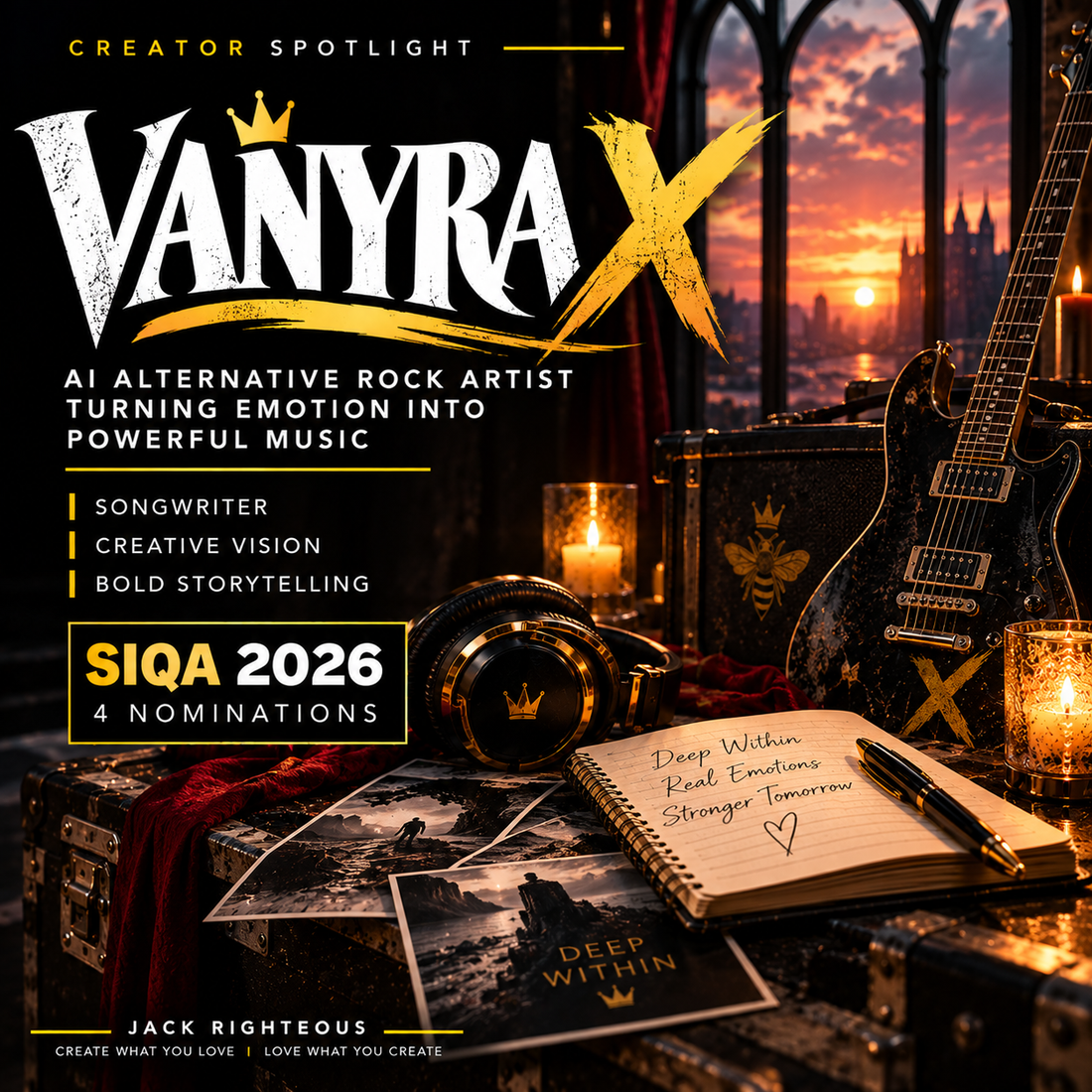 VANYRA X Creator Spotlight — black electric guitar in a gothic alternative rock setting and Deep Within notebook; four SIQA 2026 nominations, no fictional artist portrait