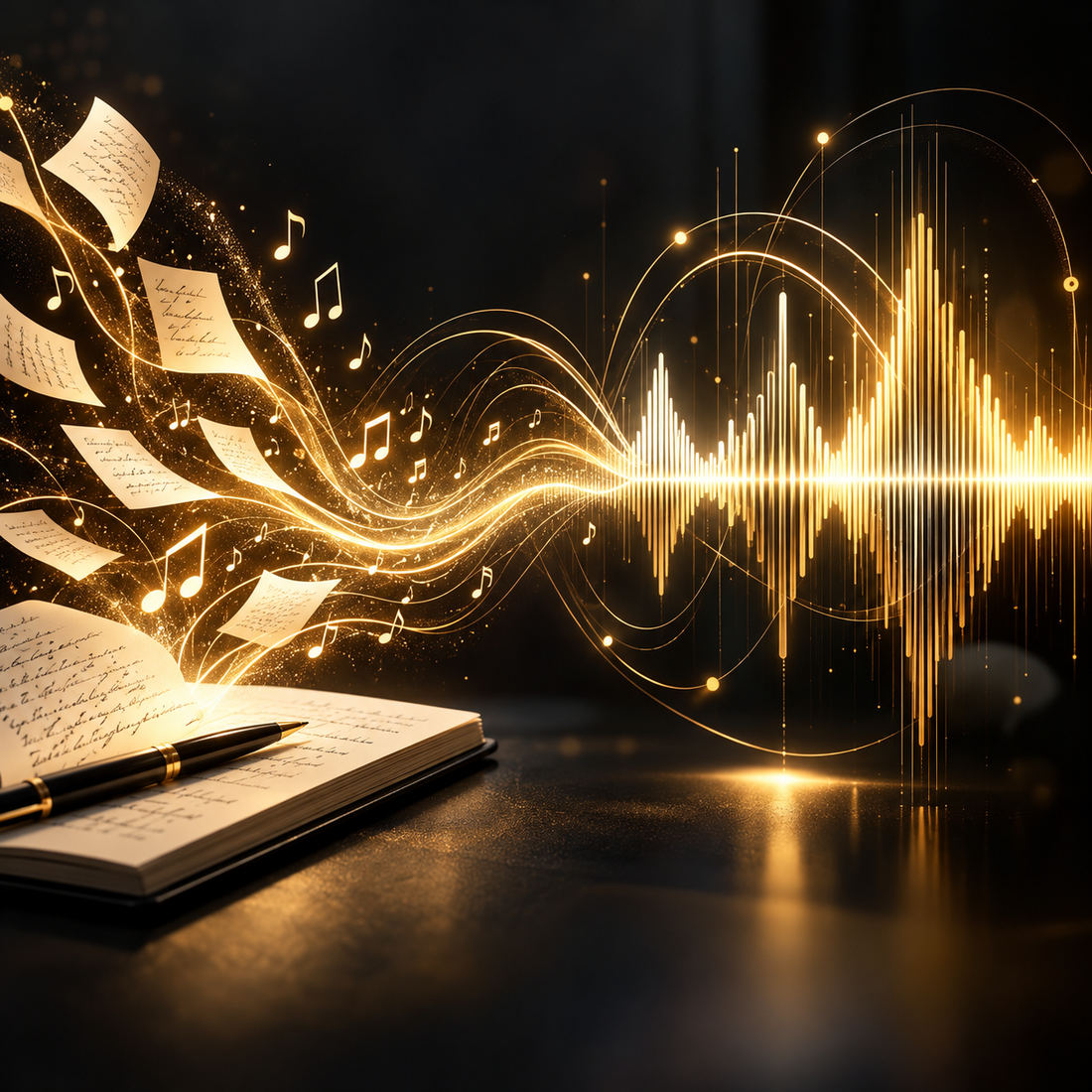 Words into Music: creative ideas becoming music, illustrated with golden notes, waveform and notebook