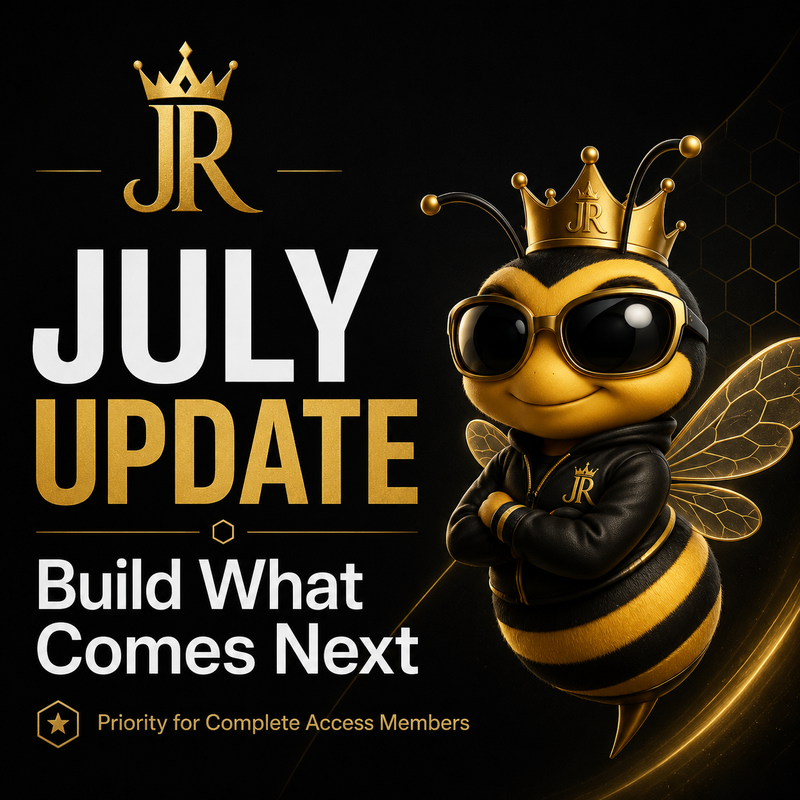 Bee Righteous and JR crown logo on a premium July update cover promoting creator support and Complete Access priority.