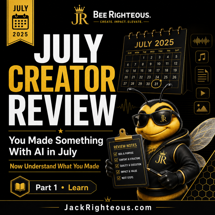 Bee Righteous reviews a July AI creation with a checklist for clarity, purpose, quality and next steps