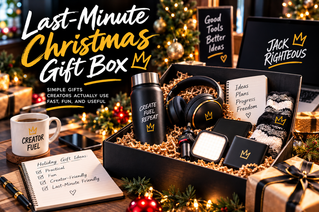 Last-minute Christmas creator gift box with practical creator tools, notebook, headphones and holiday wrapping in Jack Righteous black-gold styling