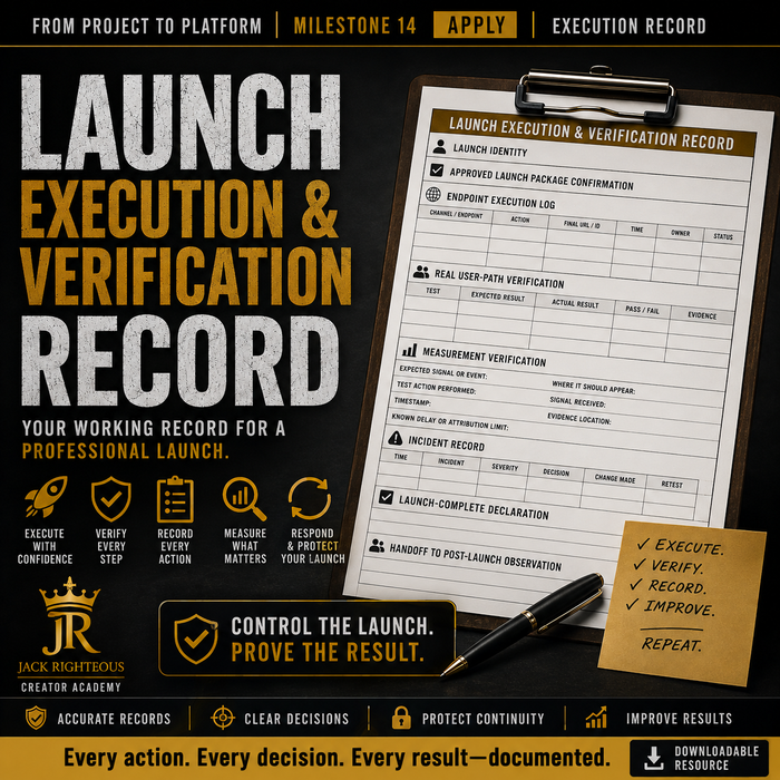 Jack Righteous launch execution and verification record for tracking endpoints, user journeys, measurement, incidents and handoff