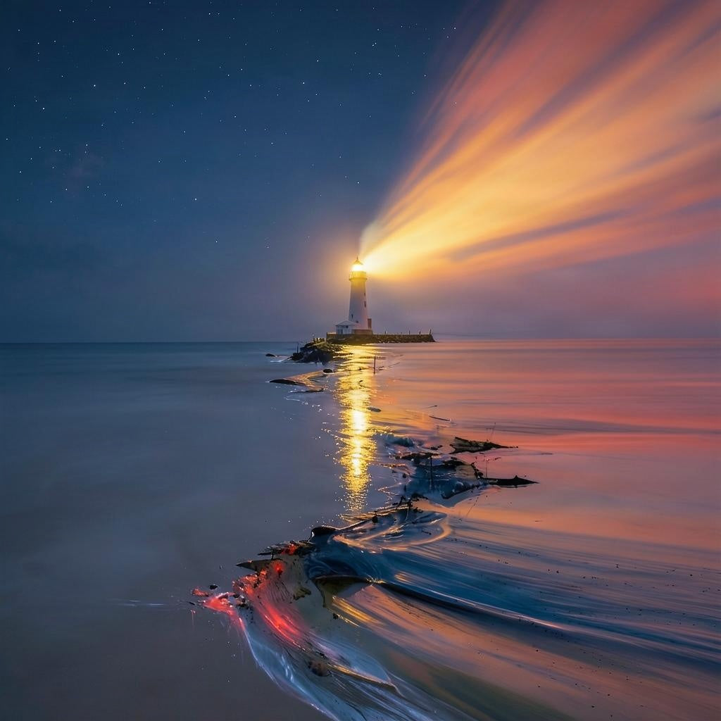 I Keep The Light On artwork provided by Les Chants du Silence. Lighthouse over the sea at dusk. Credit: LCDS.